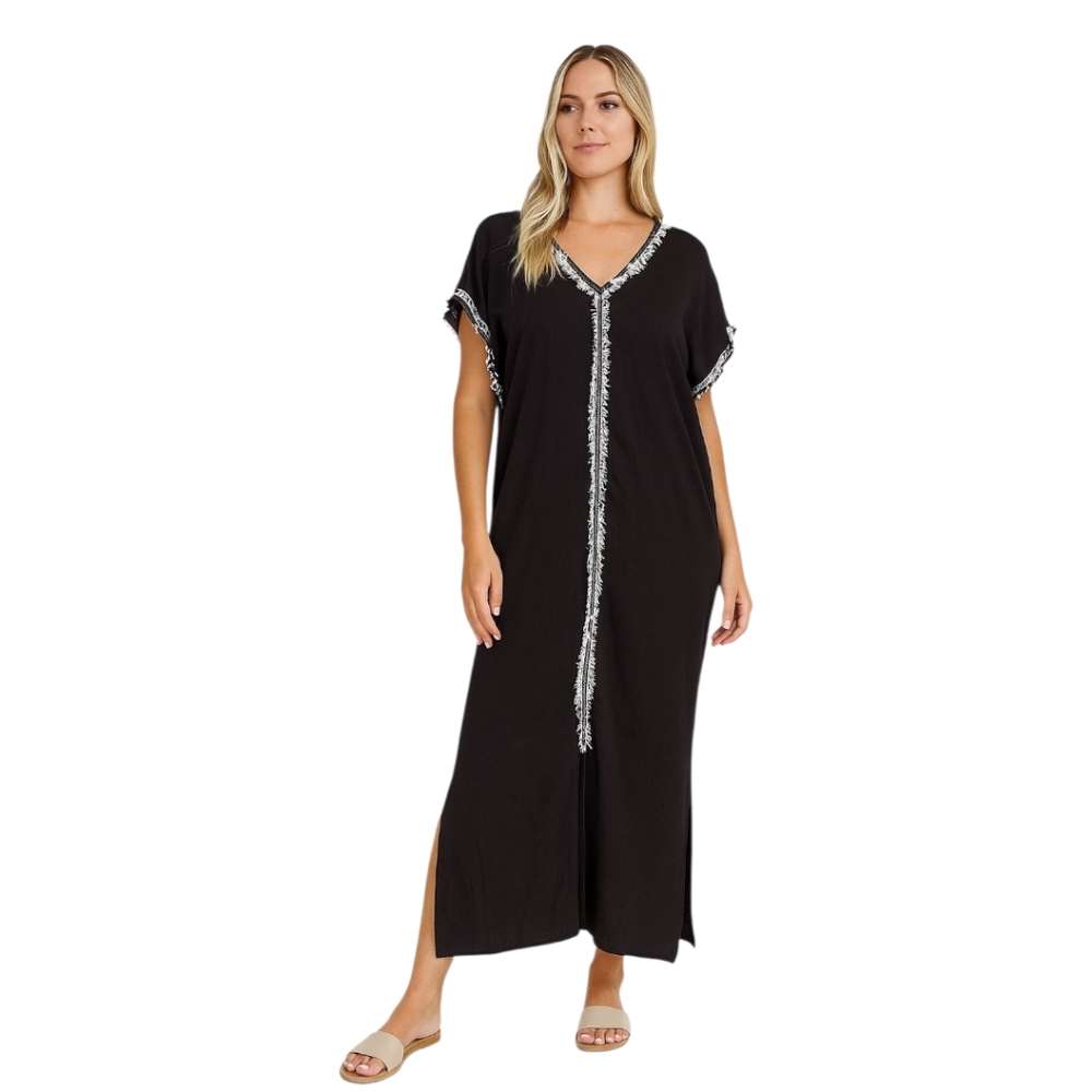 Michael Stars Long Maxi Cotton Kaftan Fringe Dress Short Sleeve Black Boho Chic